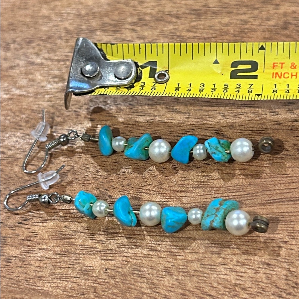 Turquoise Earrings with Pearl Dangle Drop Hobo Minimalist Tribal Western Boho - Picture 3 of 3